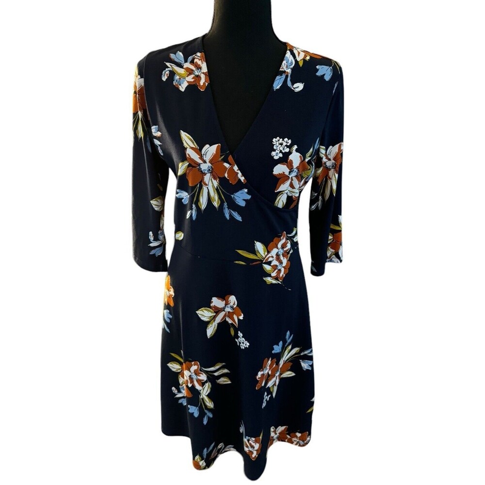 Leota Dress Women Medium Blue Orange Floral Flower Fit Flare Bloom Preppy Office